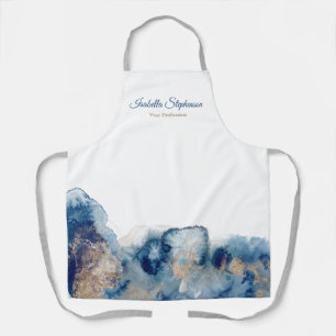 Tablier Encre aquarelle liquide moderne bleu et or