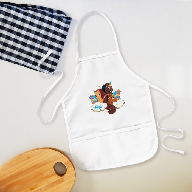Tablier Enfant Afro Unicorn "Fabriqué en magie" Trio Design (Apron on counter)