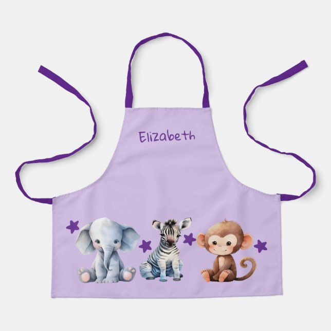 Tablier Enfant ajoute nom animaux mignons étoiles violet (Recto)