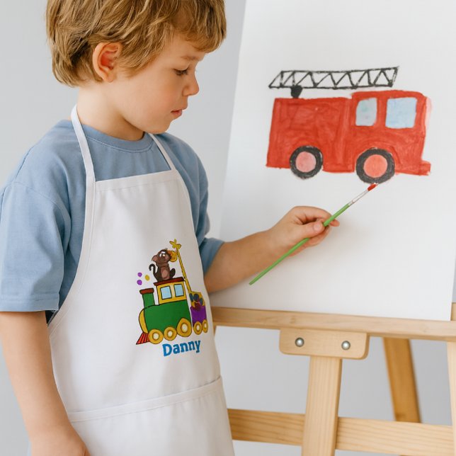 Tablier Enfant Animaux de zoo mignons et train jouet  (Personalize Boys apron with name or other text.  This Apron features a choo choo train)
