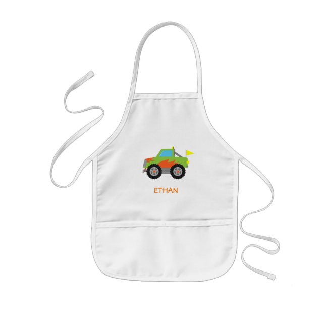 Tablier Enfant Camion Monstre Vert de Course Mignon pour Garçons (Devant)