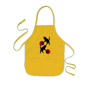 Tablier Enfant Chat silhouette noire, avec boule de laine rouge