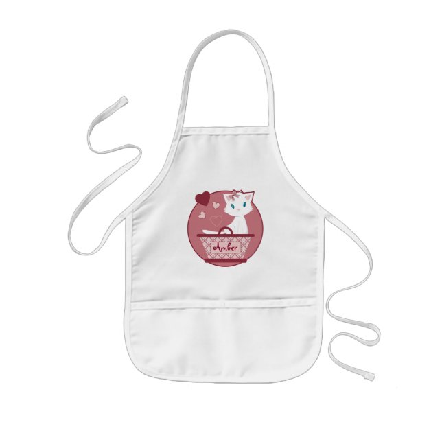 Tablier Enfant chaton blanc doux en panier rose (Devant)