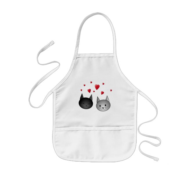 Tablier Enfant Chats noirs et gris mignons, avec des coeurs (Devant)