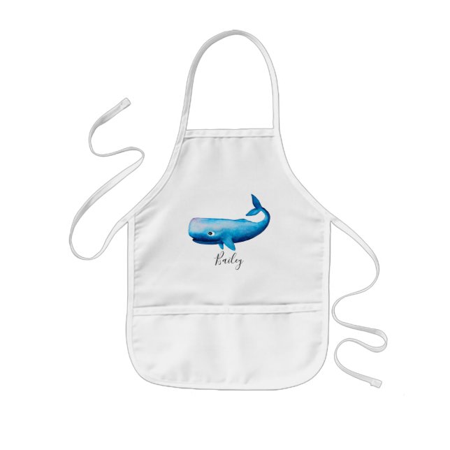 Tablier Enfant Cute Boy's Blue Sea Watercolor Whale Beach & Nom (Devant)