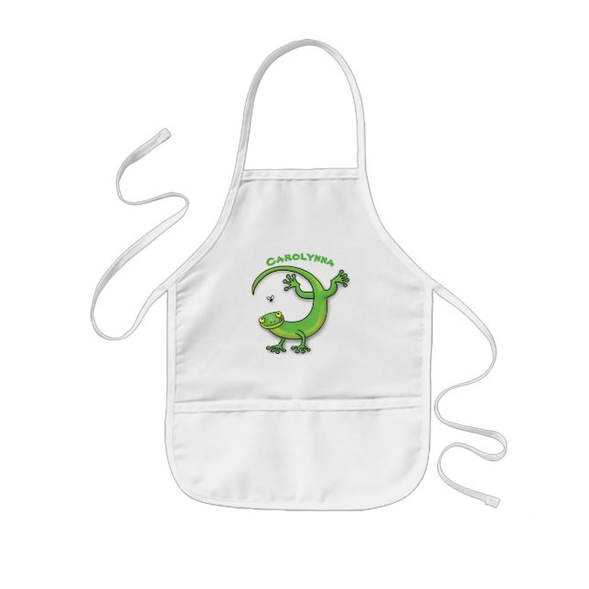 Tablier Enfant Cute happy green gecko greetings with bug cartoon (Devant)