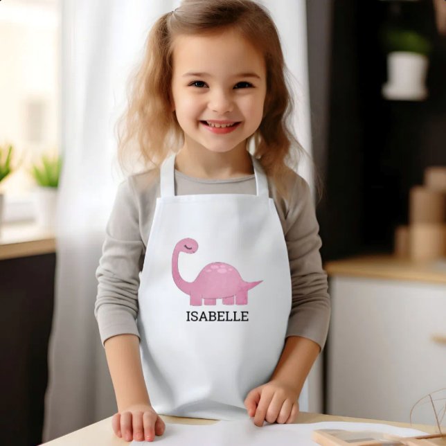 Tablier Enfant Dinosaure Rose Personnalisé Mignon (Créateur téléchargé)