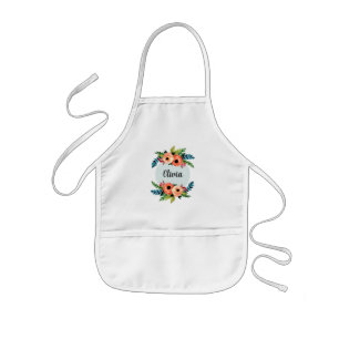 Tablier Enfant Filles Elégant Floral Aquarelle Fleurs et nom