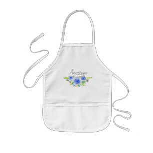 Tablier Enfant Fleurs d'aquarelle bleu Vintage avec nom