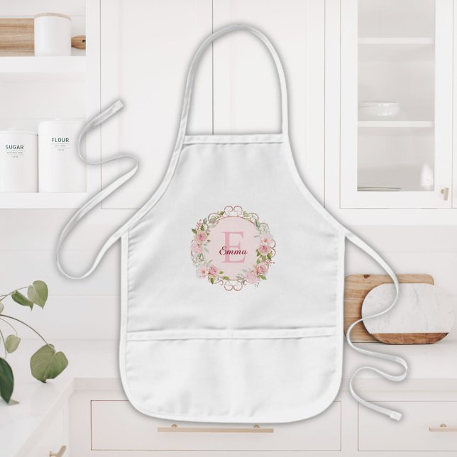 Tablier Enfant Fleurs de rose rose blush aquarelle à monogramme f (In situ)