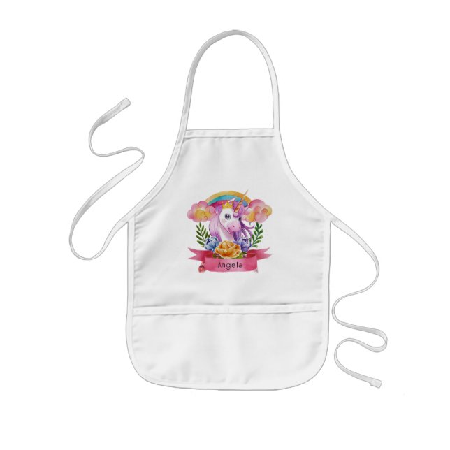 Tablier Enfant Girls mignonne violet licorne arc-en-ciel Nom pers (Devant)