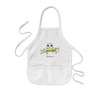 Tablier Enfant Hibou vert sur le nom personnalisé par branche