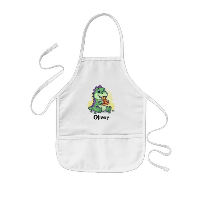 Tablier Enfant  Joli Dinosaure Vert Mangeant une Pizza Pizzasauru (Devant)