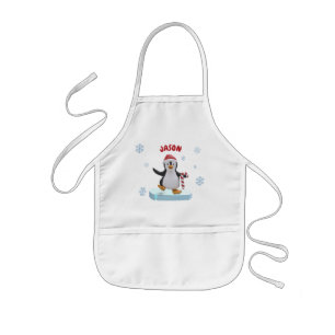 Tablier Enfant Joli Manchot de Noël sur un Floeur de Glace Nom Pe