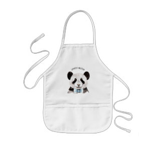Tablier Enfant Panda D'Aquarelle Moderne Avec Nom Et Bleu Pastel
