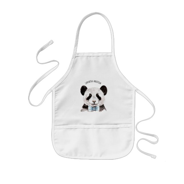 Tablier Enfant Panda D'Aquarelle Moderne Avec Nom Et Bleu Pastel (Devant)