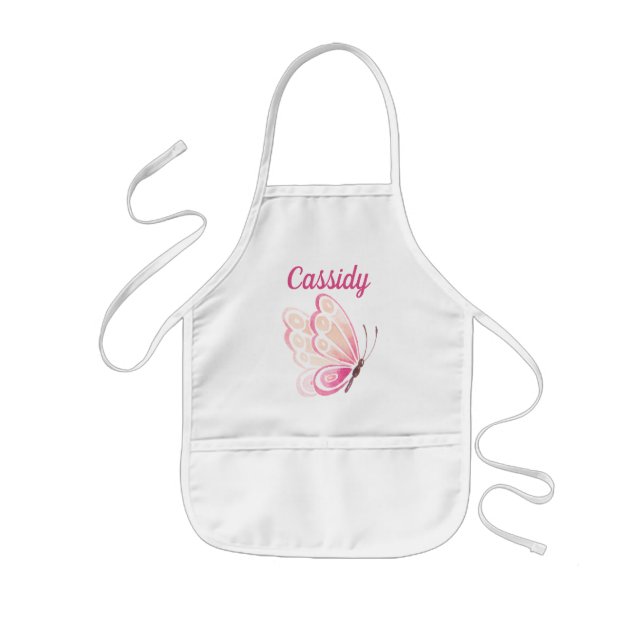 Tablier Enfant Papillon Aquarelle Rose Avec Nom Personnalisé (Devant)