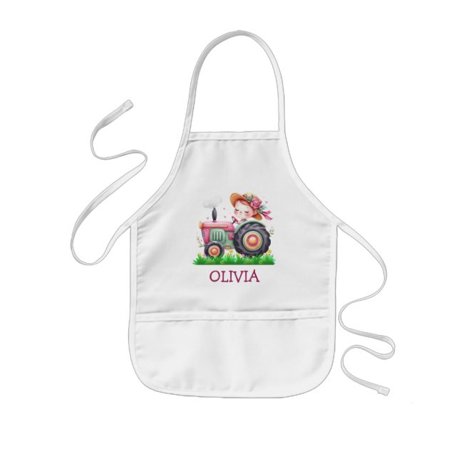 Tablier Enfant Tracteur rose mignon pour filles  (Devant)