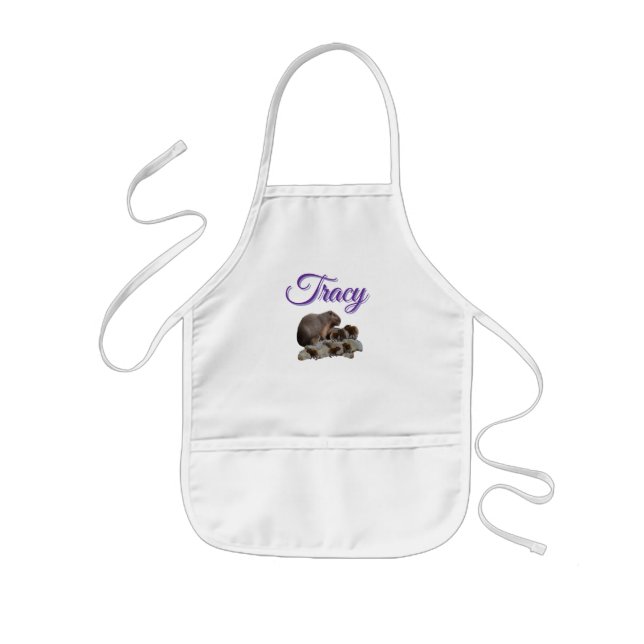 Tablier Enfant Tracy Fille Nom En Violet Avec Capybras, (Devant)