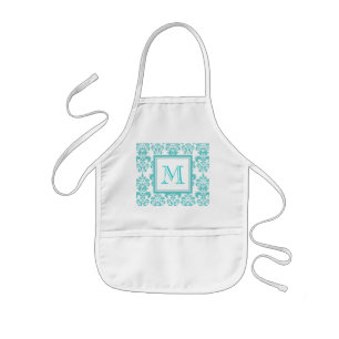 Tablier Enfant Votre monogramme, motif turquoise 2 de damassé