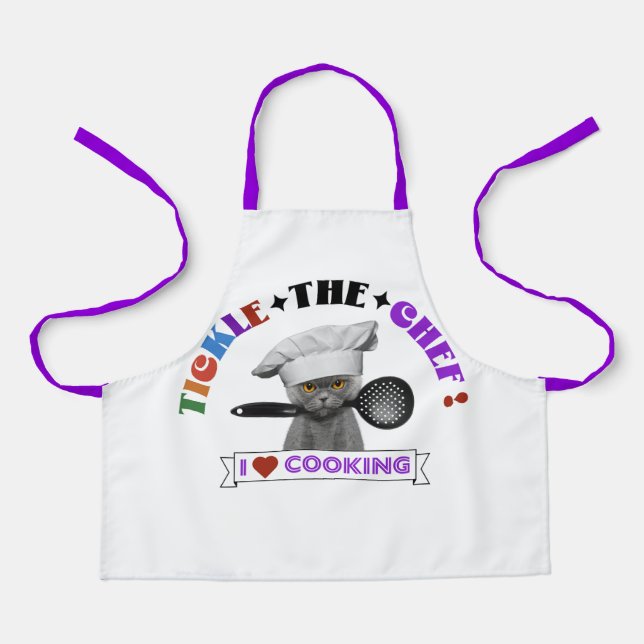 Tablier Enfants "Tickle the Chef" Drôle chat Apron violet  (Recto)