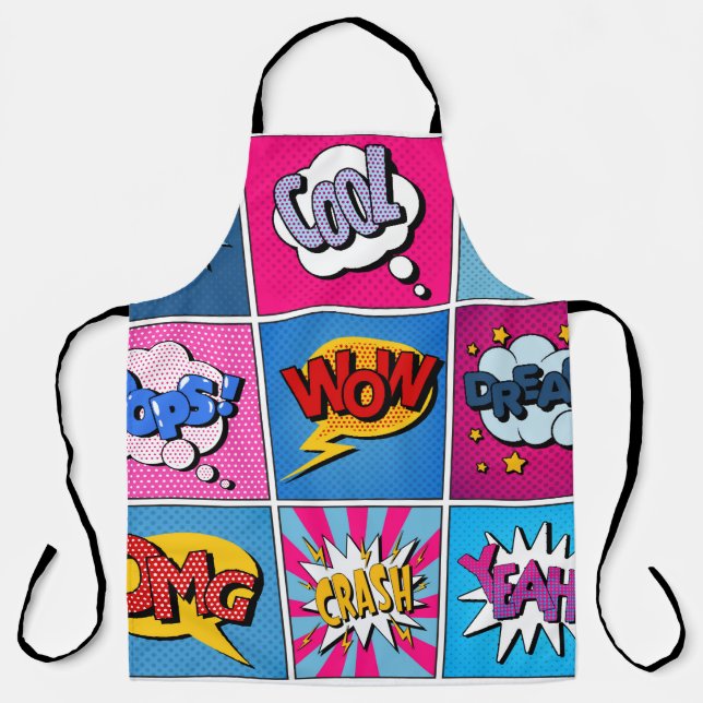 Tablier Ensemble de bulles comiques. Expressions Bom, Cool (Recto)