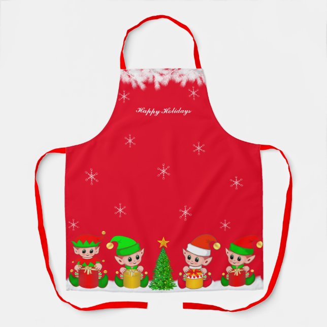 Tablier Équipe de lutins de Noël mignons et flocons de nei (Recto)