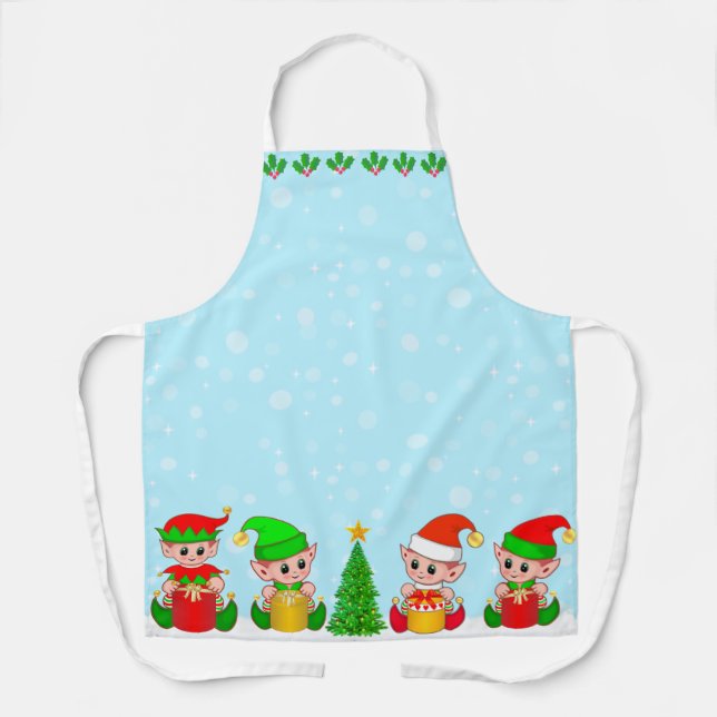 Tablier Équipe de lutins de Noël moderne sur fond bleu cla (Recto)