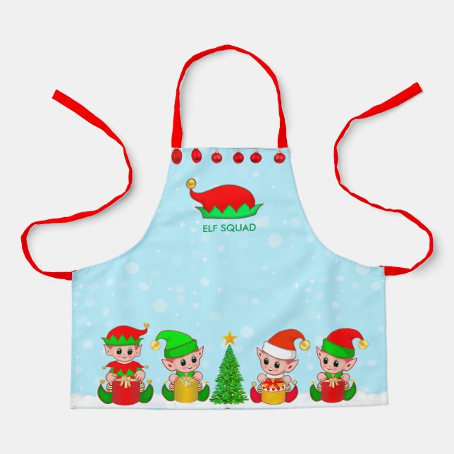 Tablier Équipe de lutins de Noël moderne sur fond bleu cla (Recto)