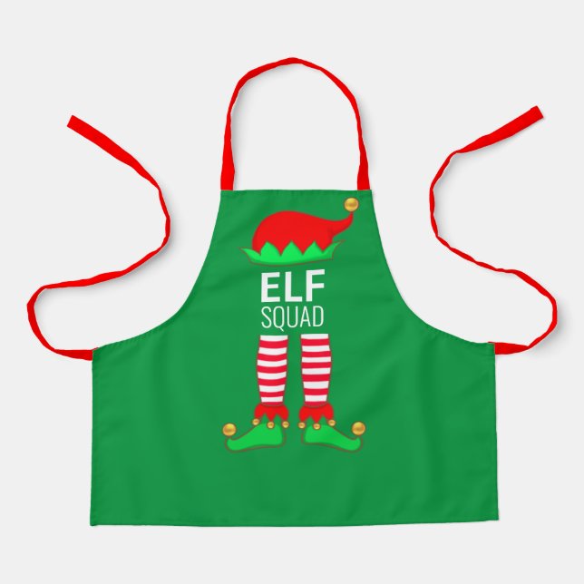 Tablier Équipe de lutins de Noël moderne sur fond vert (Recto)