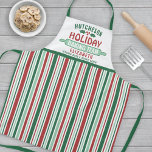 Tablier Équipe de pâtisserie Noël Cookie Party Green<br><div class="desc">Célébrez le temps ensemble à la maison dans la cuisine avec un tablier rayé rouge & vert personnalisé Holiday Baking Team. Tout le texte sur ce modèle est simple à customiser. Le design comprend des rayures verticales rouges, vertes et blanches, de mignons feuilles saints et des baies, une épingle roulante,...</div>
