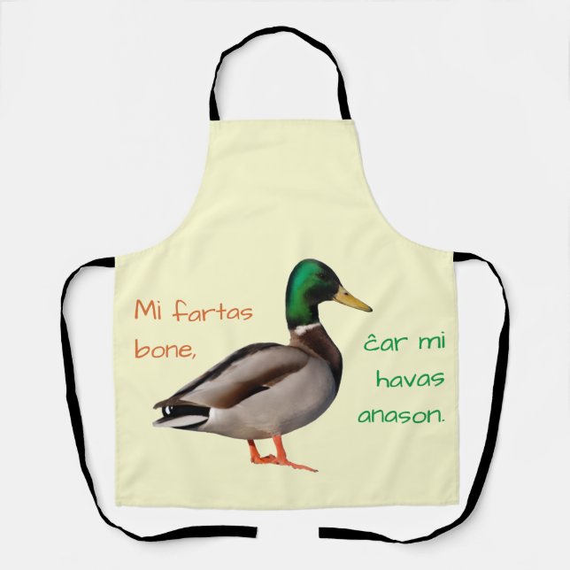 Tablier Espéranto : Je vais bien, car j'ai un canard. (Recto)