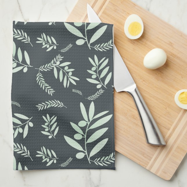 Tablier et serviette de cuisine botanique Olive Br (Quart Plié)