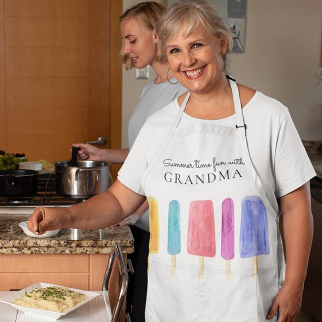 Tablier Été moderne coloré personnalisé (fun modern five popsicals with the saying summer time fun with grandma , all text fully customizable)