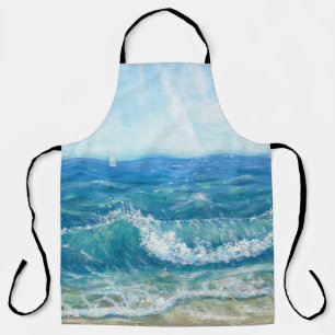 Tablier Eté, vagues bleues, peinture acrylique.