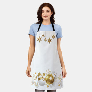 Tablier Étoiles d'or avec ornements de Noël or et blanc