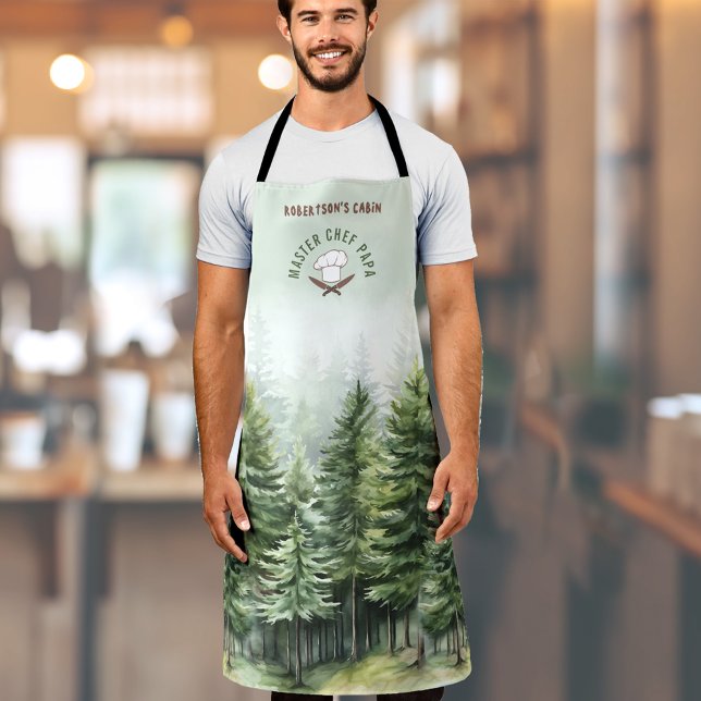 Tablier Famille Cabine Forêt Arbres Vert Chef Nom (Family Cabin Pinewood Forest Green Master Chef Apron)