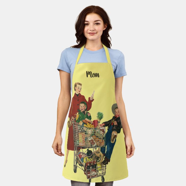 Tablier Famille rétro, maman et enfants panier de courses  (Porté)