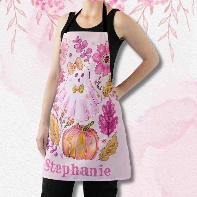 Tablier Fantôme de Halloween rose pastel avec nom personna (Créateur téléchargé)