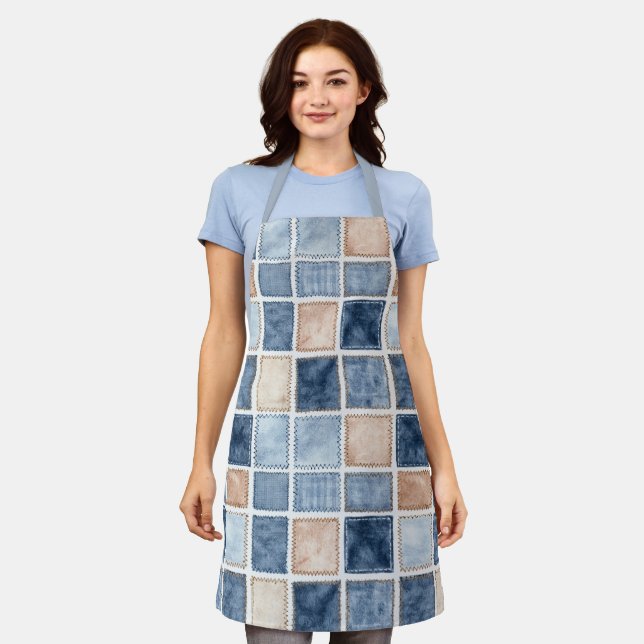 Tablier Fausse crème denim bleu jean douche de mariage (Porté)