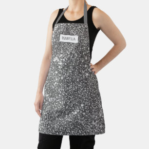 Tablier Faux Texture Pailleté Argenté & Nom Personnalisé
