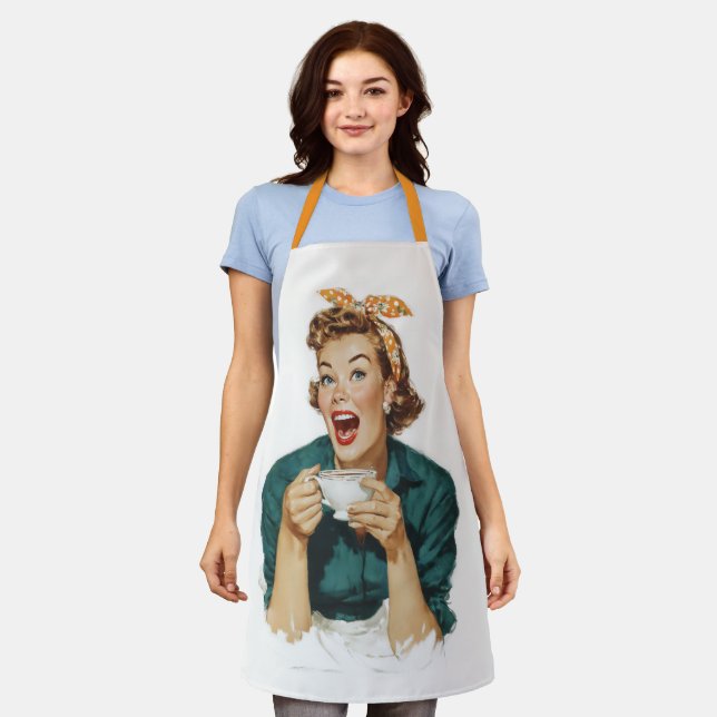 Tablier Femme Rétro Joyeuse qui Apprécie son Café (Porté)