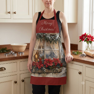 Tablier Fenêtre de Noël au Poinsettia enneigé