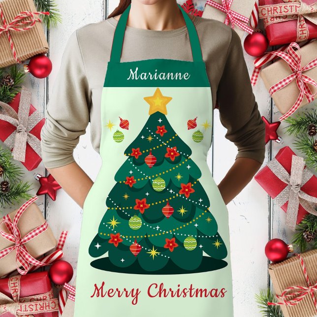 Tablier Festif Arbre de Noël Poinsettia Design (Cute Merry Christmas Decorated Christmas Tree Apron, Customize, Personalize)