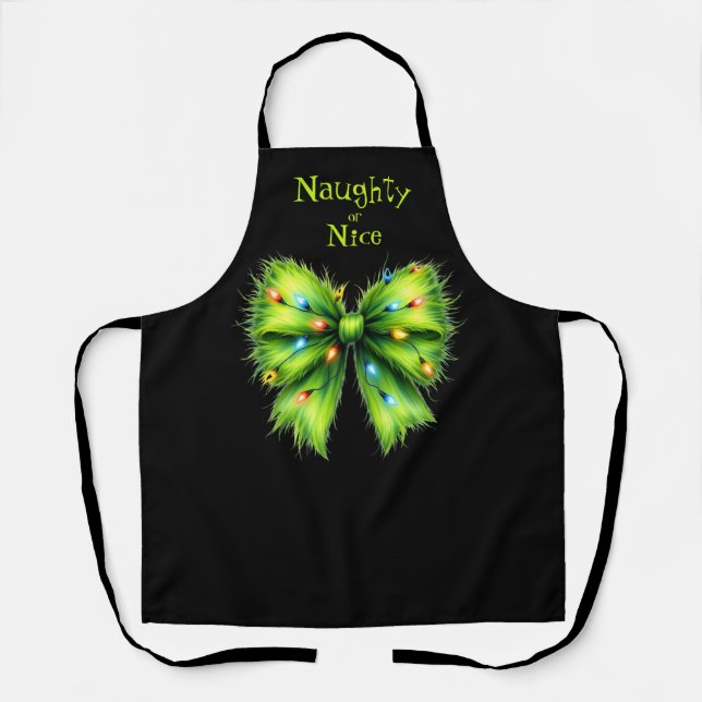 Tablier Festif Green Fur Bow-Lights Naughty ou Nice Nom (Recto)