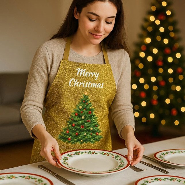 Tablier Festive Gold Parties scintillant Noël Arbre de Noë (Gold glitter with Christmas tree  holiday apron for dinner  party hostess. A thoughtful gift idea )