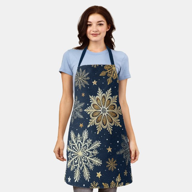 Tablier Festive Navy Blue & Gold Snowflake Pattern  (Porté)