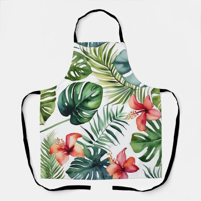 Tablier Feuillage Exotique Aquarelle Tropicale Et Fleurs (Recto)