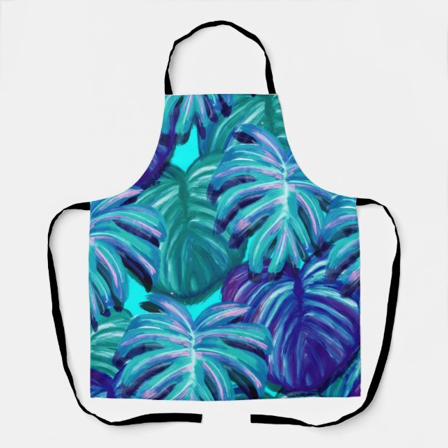Tablier Feuillage tropical Turquoise Bleu vert et noir (Recto)