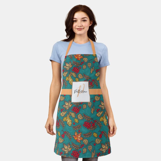 Tablier Feuille de feuillage turquoise avec nom de famille (Porté)